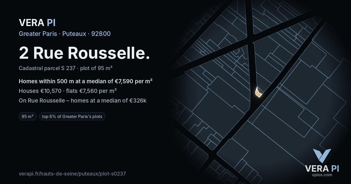 2 Rue Rousselle, Puteaux at night – the plot lit, the parcels around coloured by the prices near them