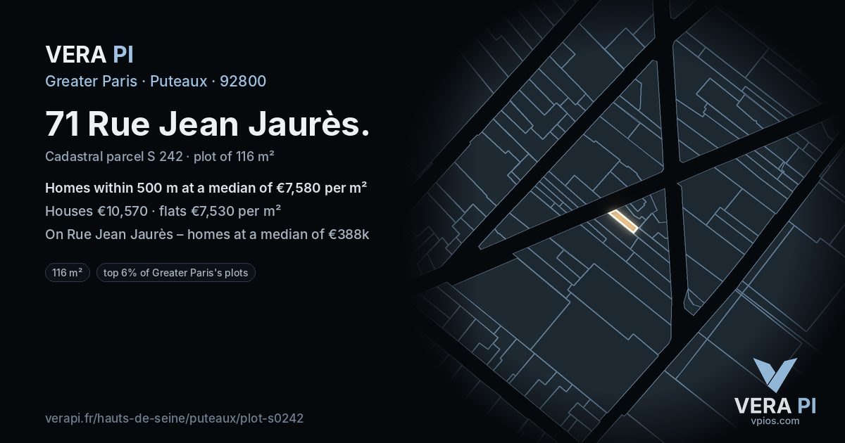 71 Rue Jean Jaurès, Puteaux at night – the plot lit, the parcels around coloured by the prices near them