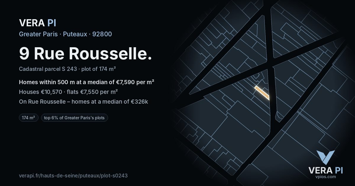 9 Rue Rousselle, Puteaux at night – the plot lit, the parcels around coloured by the prices near them