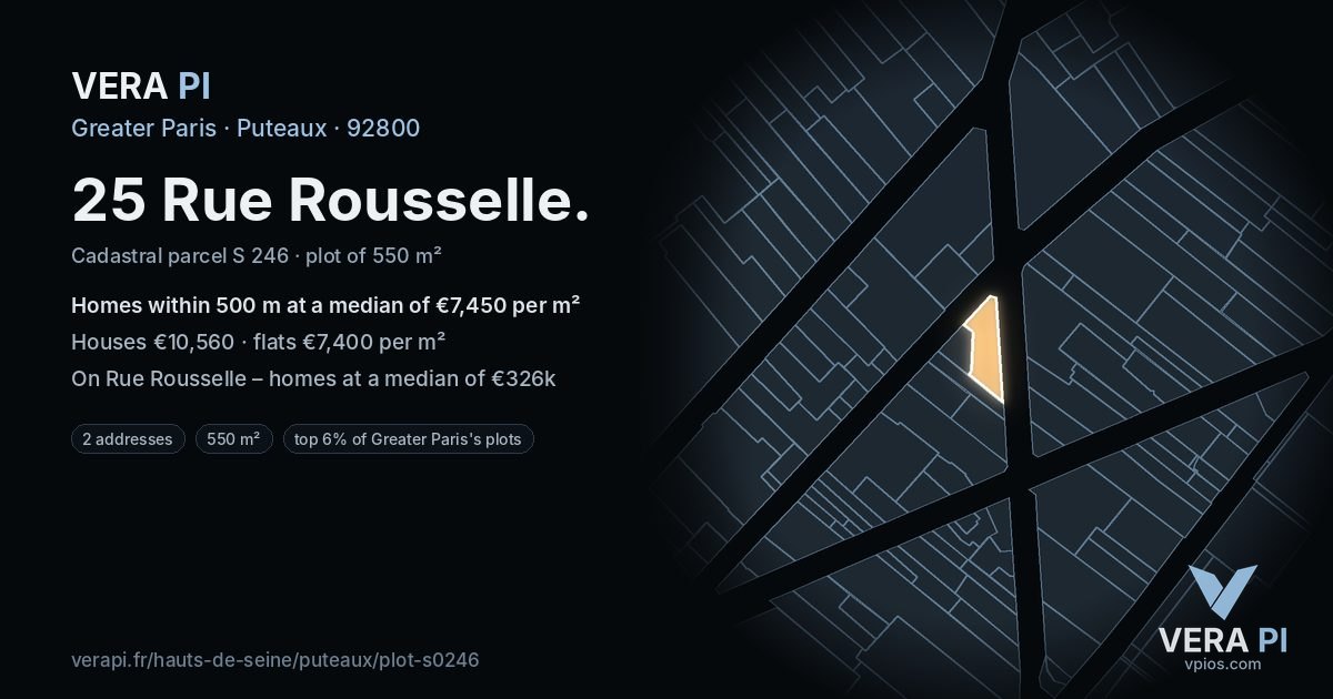 25 Rue Rousselle, Puteaux at night – the plot lit, the parcels around coloured by the prices near them