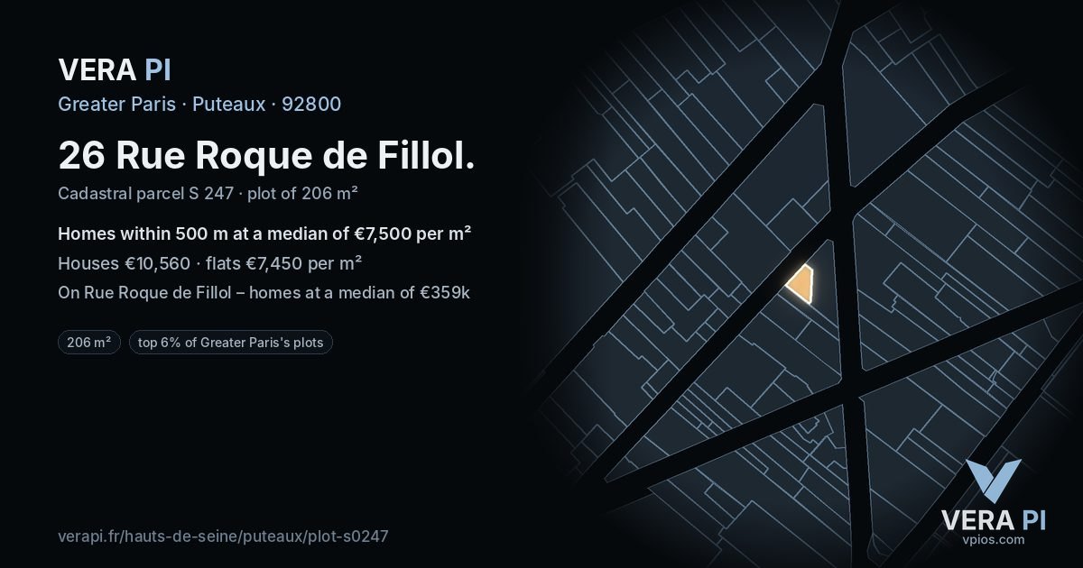 26 Rue Roque de Fillol, Puteaux at night – the plot lit, the parcels around coloured by the prices near them