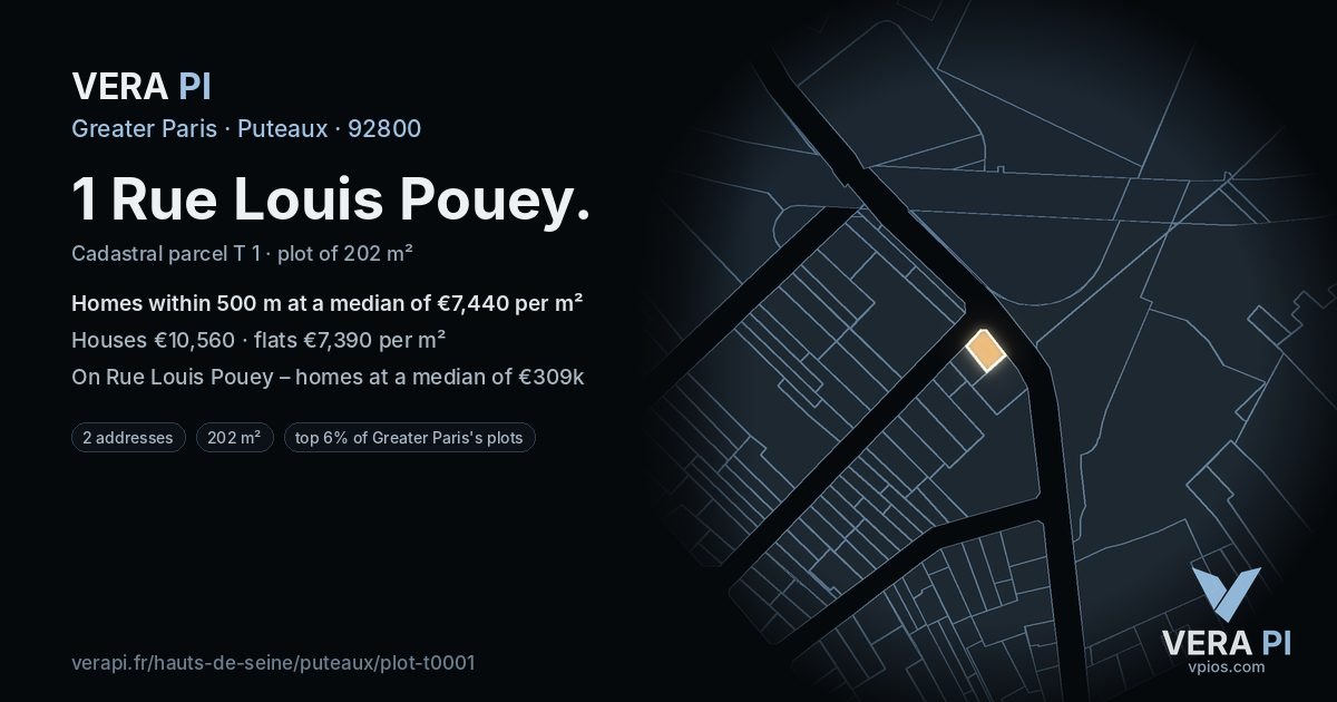 1 Rue Louis Pouey, Puteaux at night – the plot lit, the parcels around coloured by the prices near them