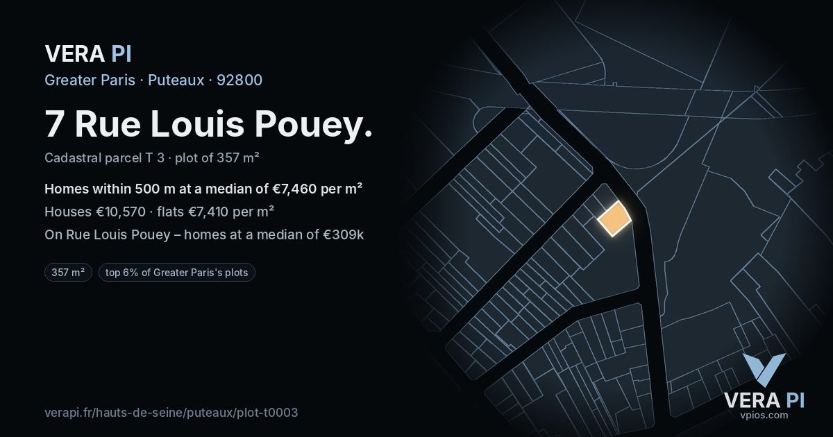 7 Rue Louis Pouey, Puteaux at night – the plot lit, the parcels around coloured by the prices near them