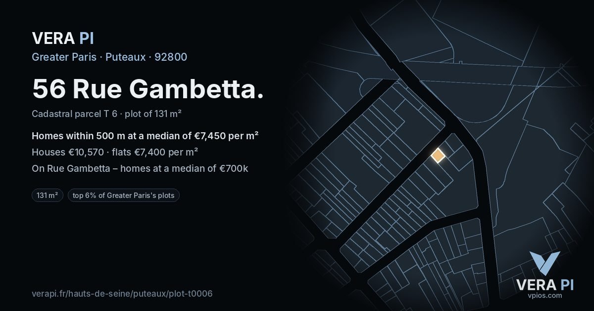 56 Rue Gambetta, Puteaux at night – the plot lit, the parcels around coloured by the prices near them