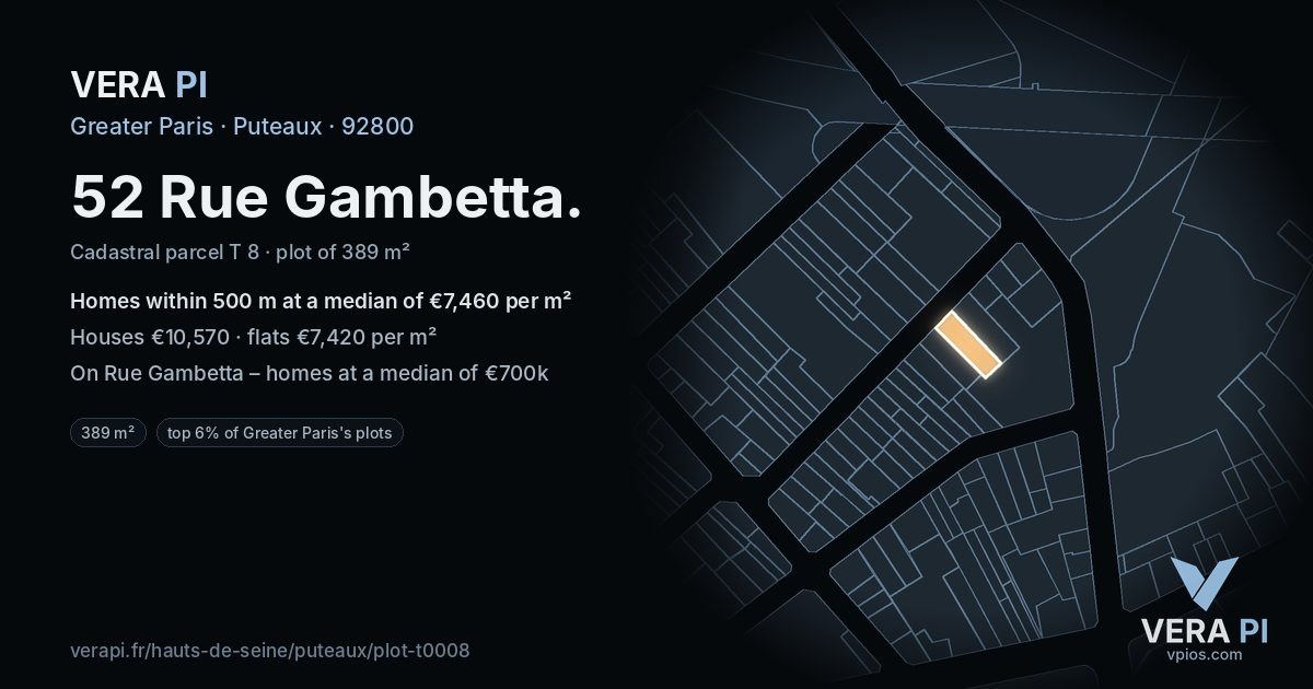 52 Rue Gambetta, Puteaux at night – the plot lit, the parcels around coloured by the prices near them