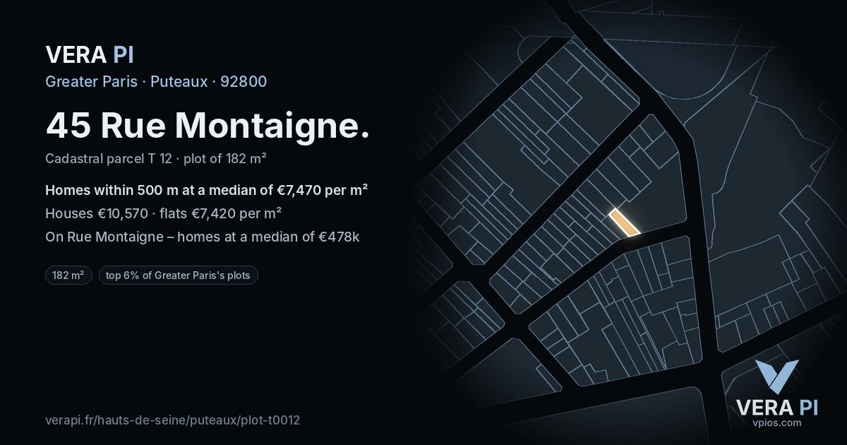 45 Rue Montaigne, Puteaux at night – the plot lit, the parcels around coloured by the prices near them