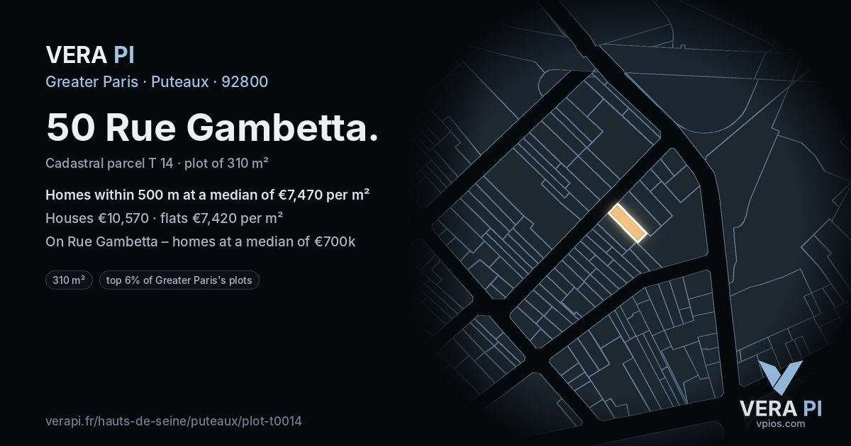 50 Rue Gambetta, Puteaux at night – the plot lit, the parcels around coloured by the prices near them