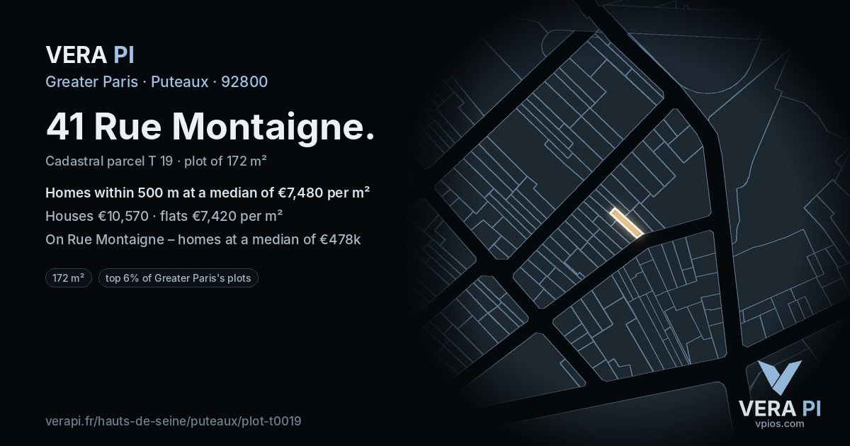 41 Rue Montaigne, Puteaux at night – the plot lit, the parcels around coloured by the prices near them