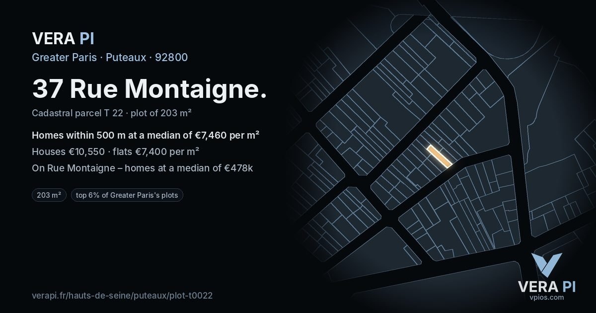 37 Rue Montaigne, Puteaux at night – the plot lit, the parcels around coloured by the prices near them
