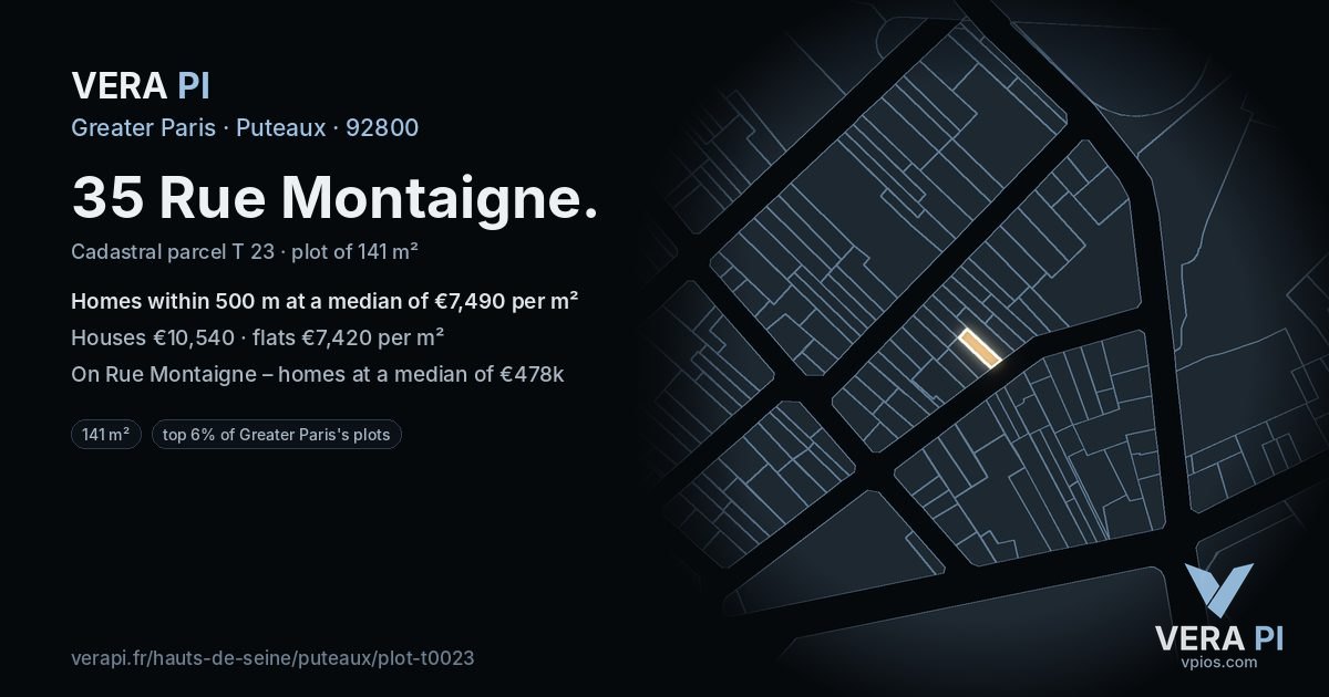35 Rue Montaigne, Puteaux at night – the plot lit, the parcels around coloured by the prices near them