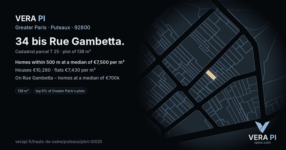 34 bis Rue Gambetta, Puteaux at night – the plot lit, the parcels around coloured by the prices near them
