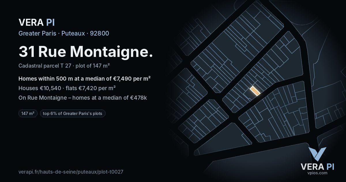 31 Rue Montaigne, Puteaux at night – the plot lit, the parcels around coloured by the prices near them
