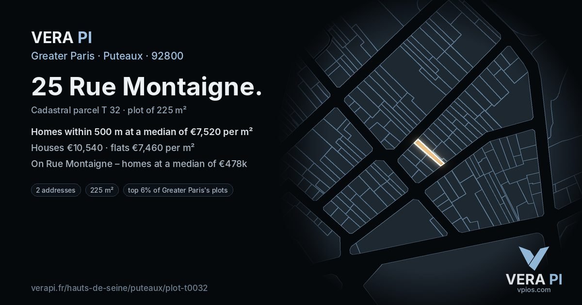 25 Rue Montaigne, Puteaux at night – the plot lit, the parcels around coloured by the prices near them