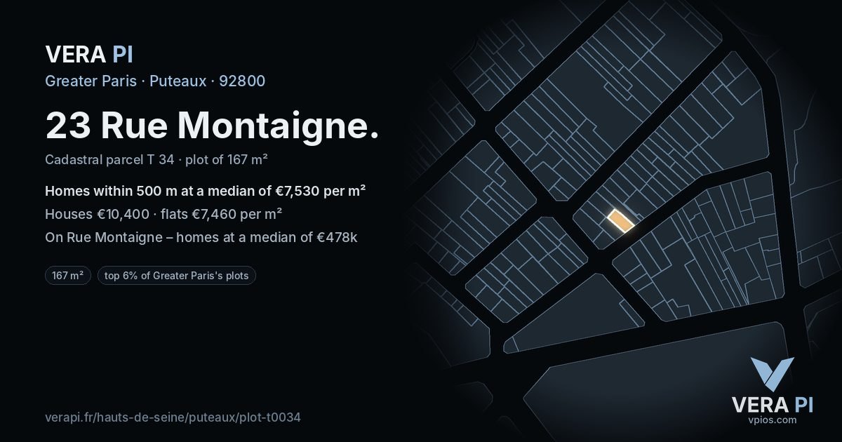 23 Rue Montaigne, Puteaux at night – the plot lit, the parcels around coloured by the prices near them