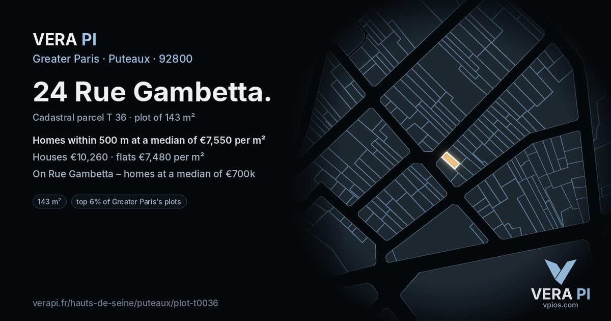 24 Rue Gambetta, Puteaux at night – the plot lit, the parcels around coloured by the prices near them