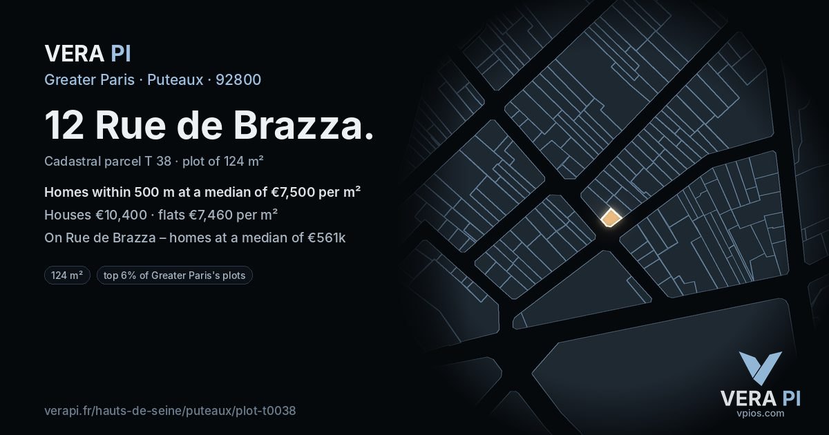 12 Rue de Brazza, Puteaux at night – the plot lit, the parcels around coloured by the prices near them