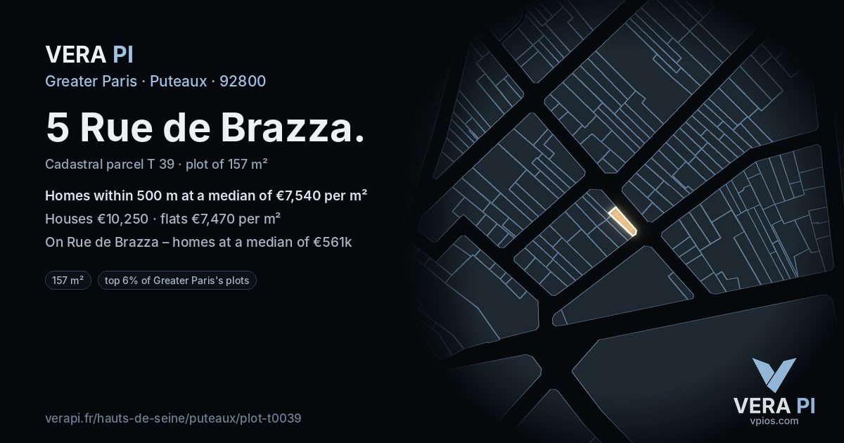 5 Rue de Brazza, Puteaux at night – the plot lit, the parcels around coloured by the prices near them