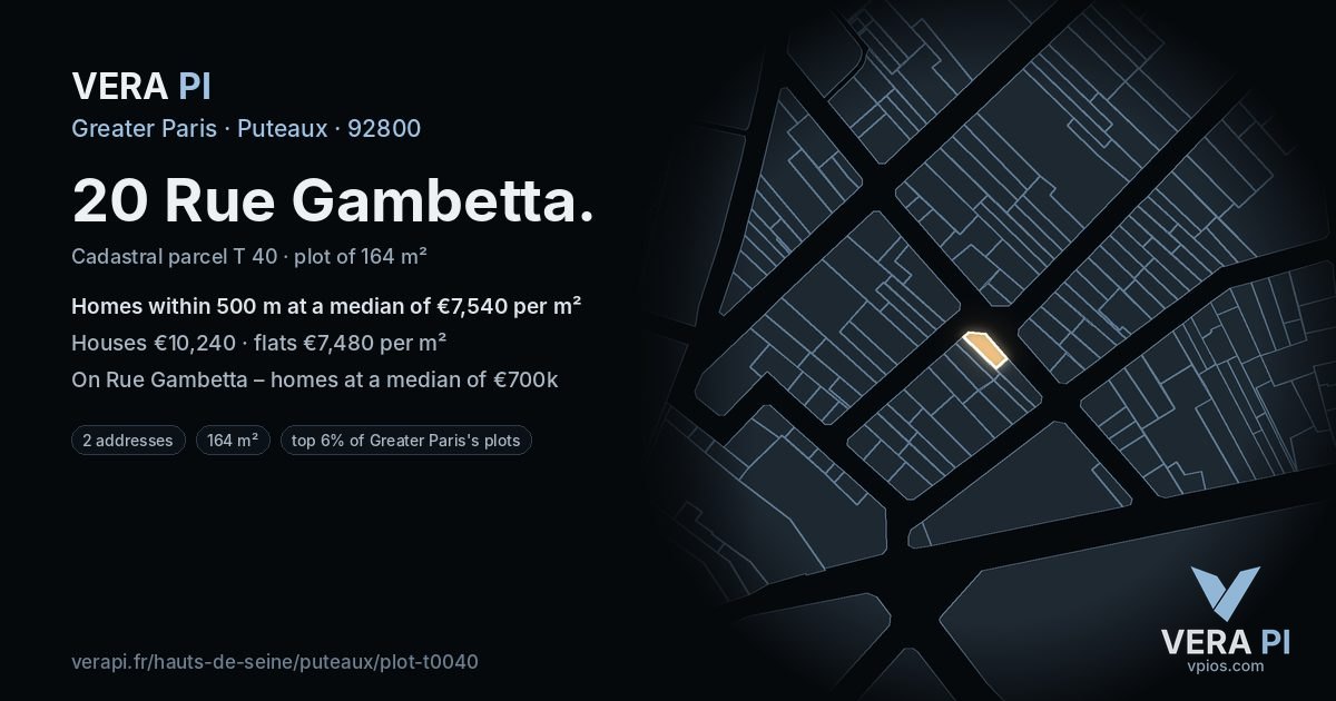 20 Rue Gambetta, Puteaux at night – the plot lit, the parcels around coloured by the prices near them