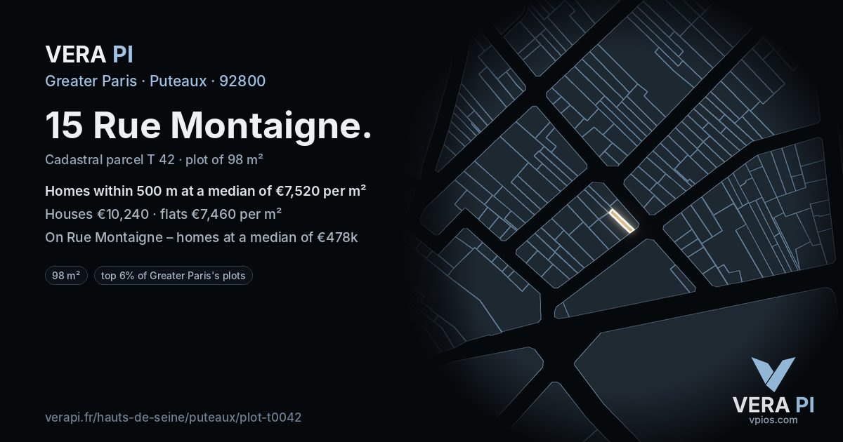 15 Rue Montaigne, Puteaux at night – the plot lit, the parcels around coloured by the prices near them