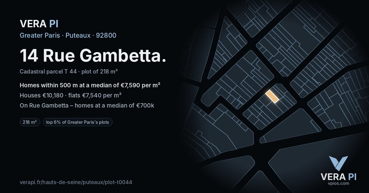 14 Rue Gambetta, Puteaux at night – the plot lit, the parcels around coloured by the prices near them