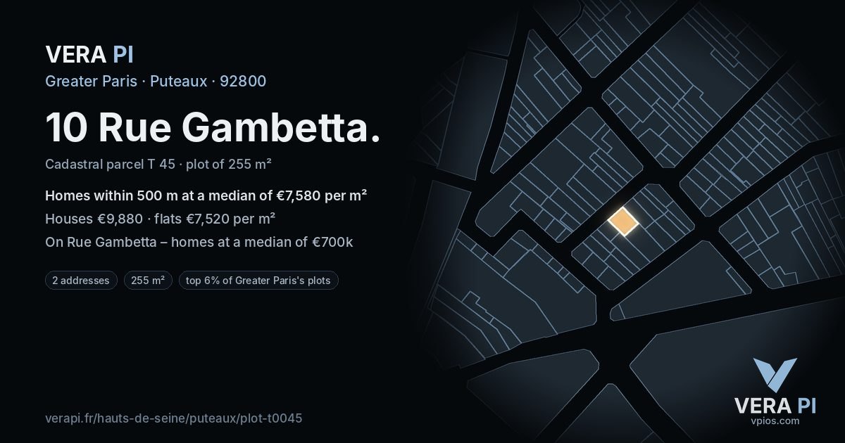 10 Rue Gambetta, Puteaux at night – the plot lit, the parcels around coloured by the prices near them