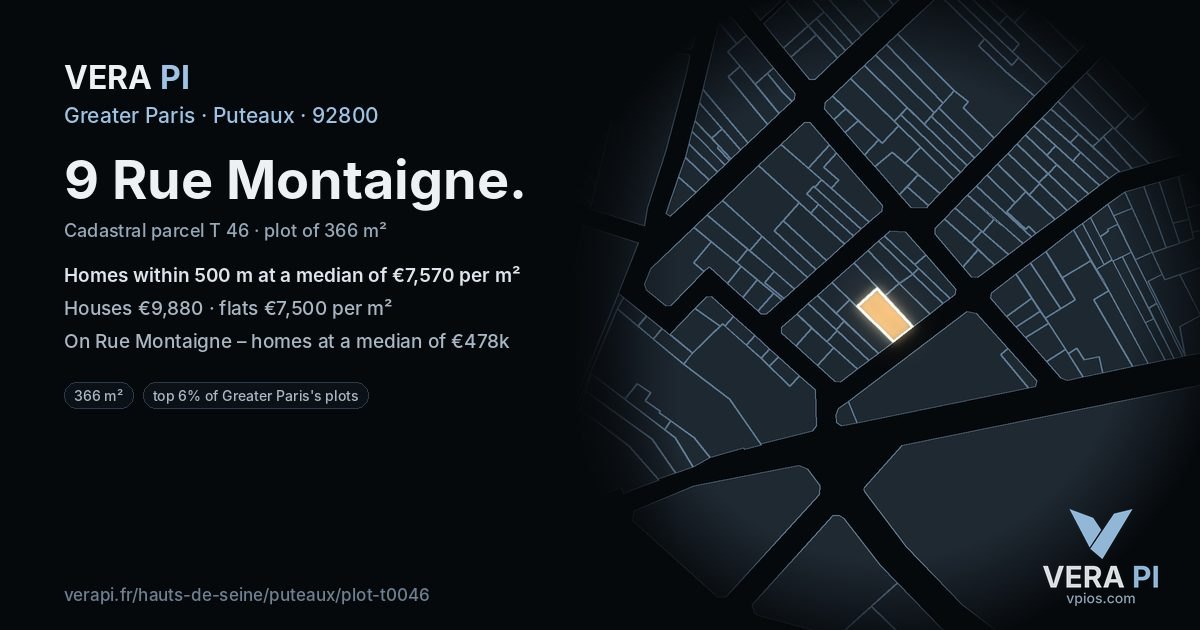 9 Rue Montaigne, Puteaux at night – the plot lit, the parcels around coloured by the prices near them