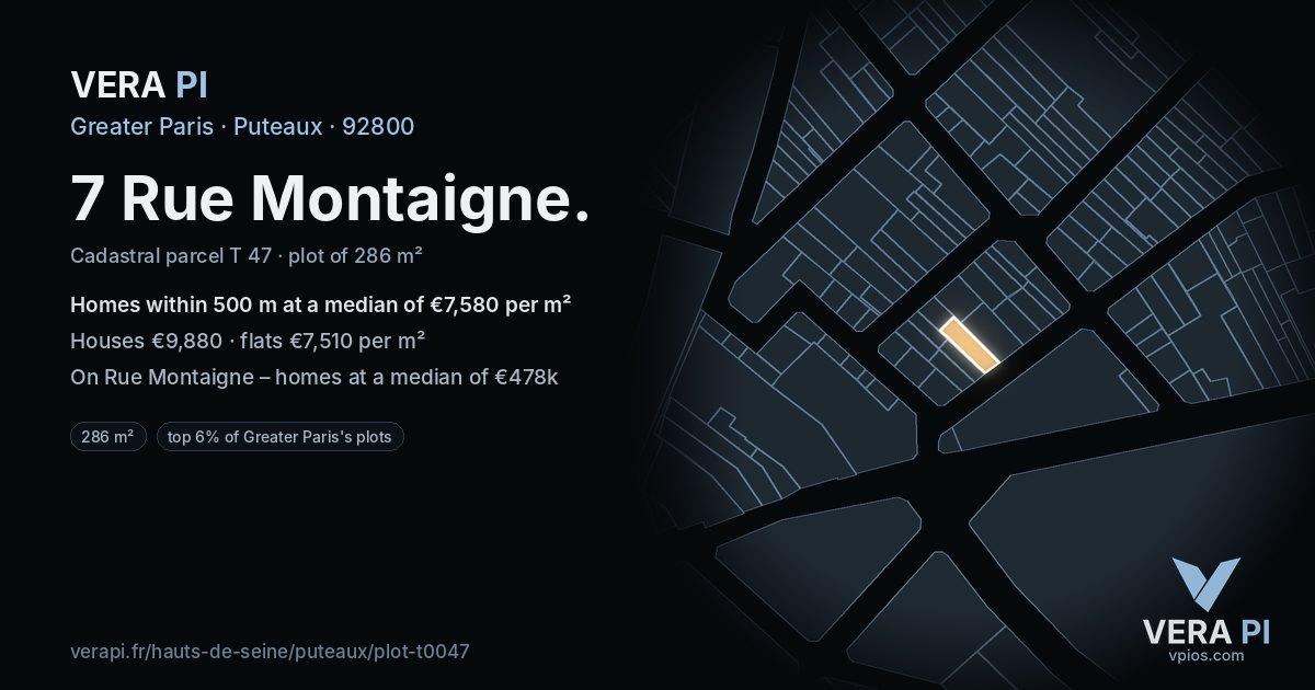 7 Rue Montaigne, Puteaux at night – the plot lit, the parcels around coloured by the prices near them