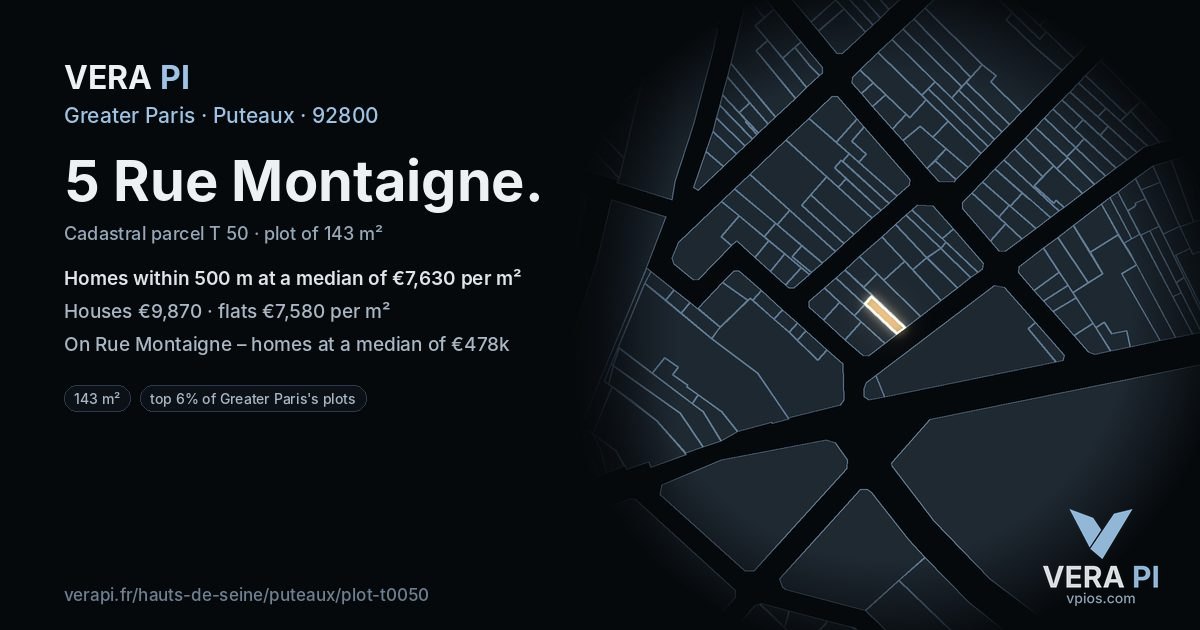 5 Rue Montaigne, Puteaux at night – the plot lit, the parcels around coloured by the prices near them
