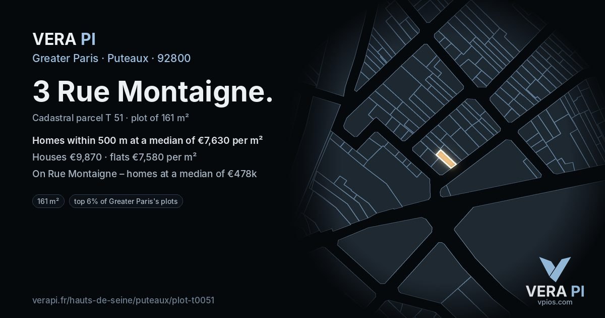 3 Rue Montaigne, Puteaux at night – the plot lit, the parcels around coloured by the prices near them