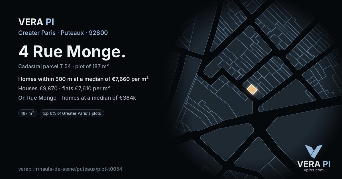 4 Rue Monge, Puteaux at night – the plot lit, the parcels around coloured by the prices near them