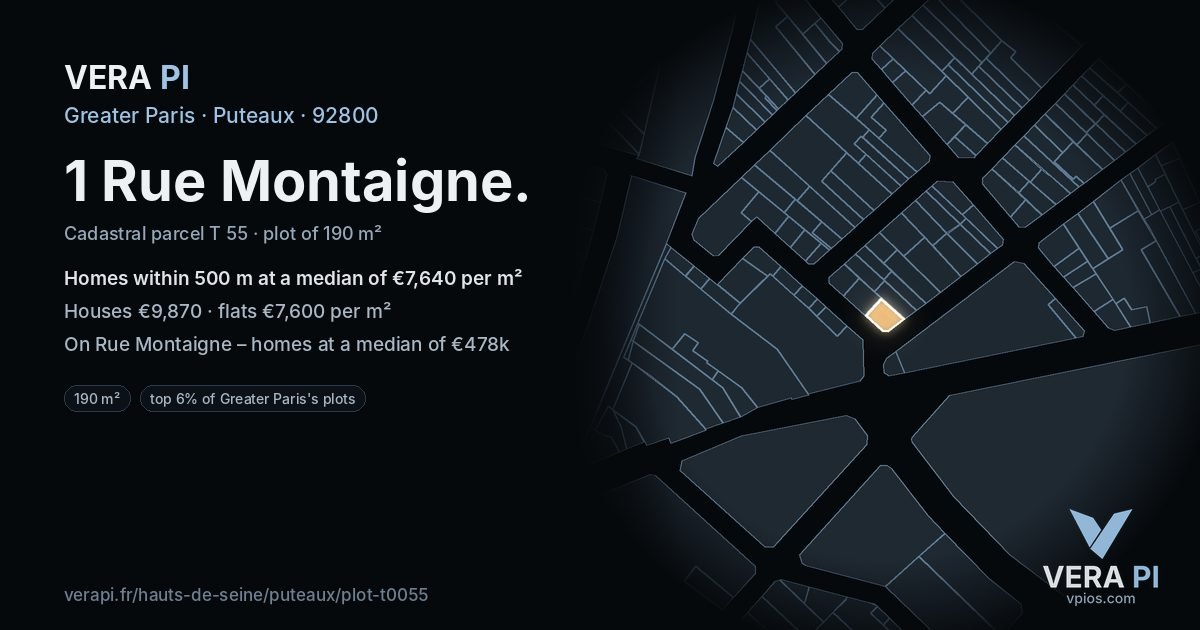1 Rue Montaigne, Puteaux at night – the plot lit, the parcels around coloured by the prices near them
