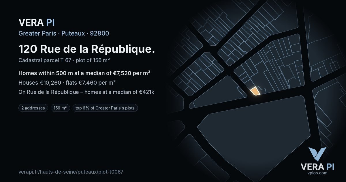 120 Rue de la République, Puteaux at night – the plot lit, the parcels around coloured by the prices near them