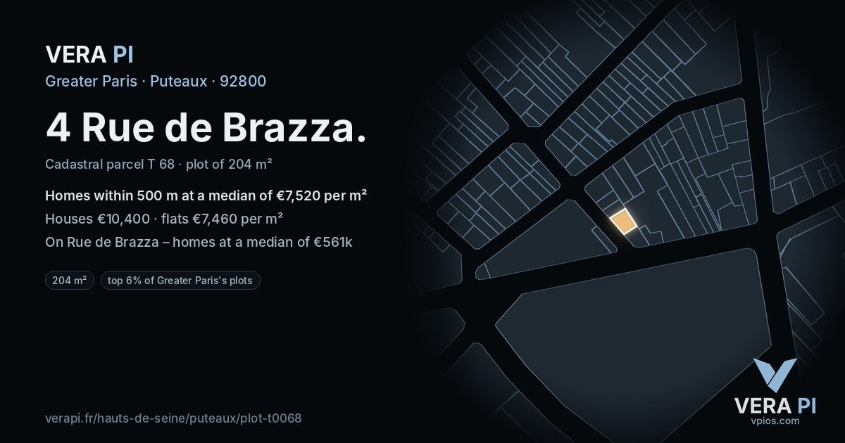 4 Rue de Brazza, Puteaux at night – the plot lit, the parcels around coloured by the prices near them