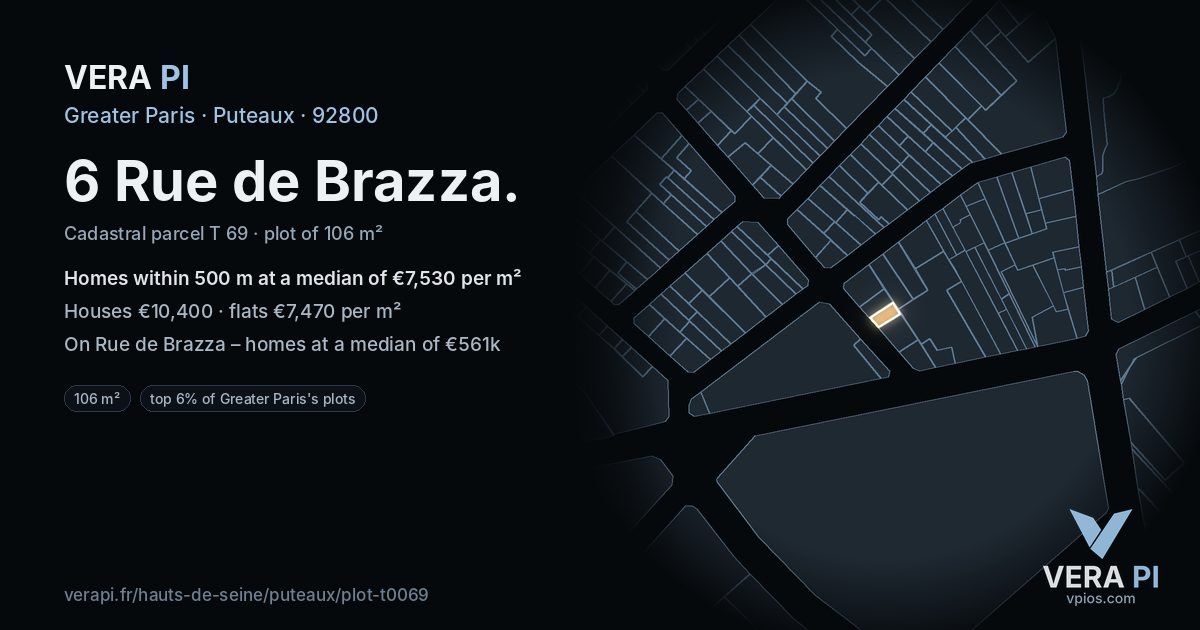 6 Rue de Brazza, Puteaux at night – the plot lit, the parcels around coloured by the prices near them