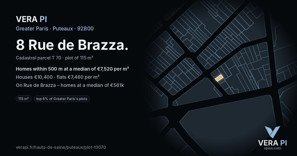 8 Rue de Brazza, Puteaux at night – the plot lit, the parcels around coloured by the prices near them