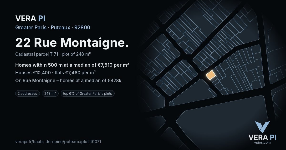 22 Rue Montaigne, Puteaux at night – the plot lit, the parcels around coloured by the prices near them