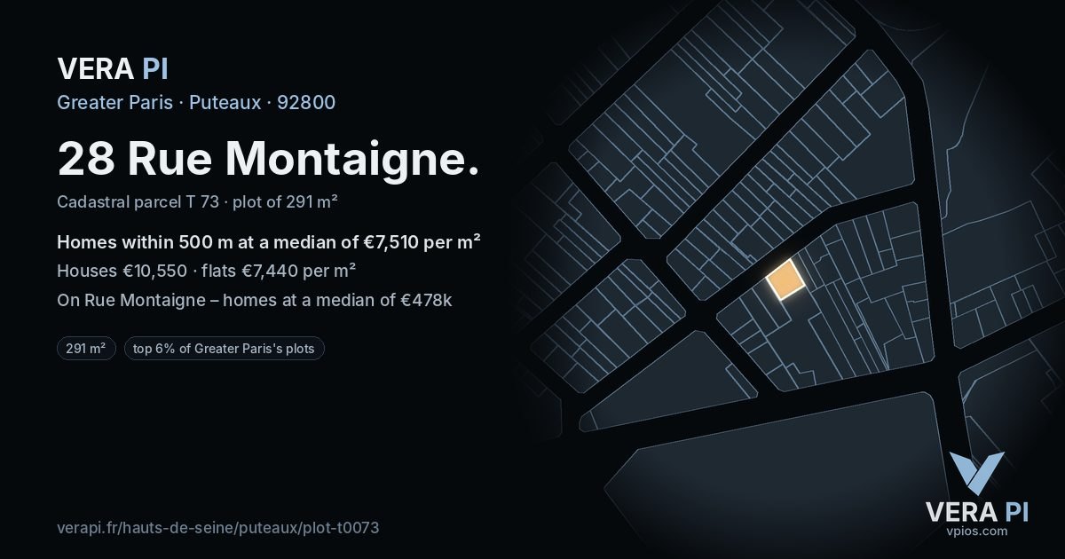 28 Rue Montaigne, Puteaux at night – the plot lit, the parcels around coloured by the prices near them
