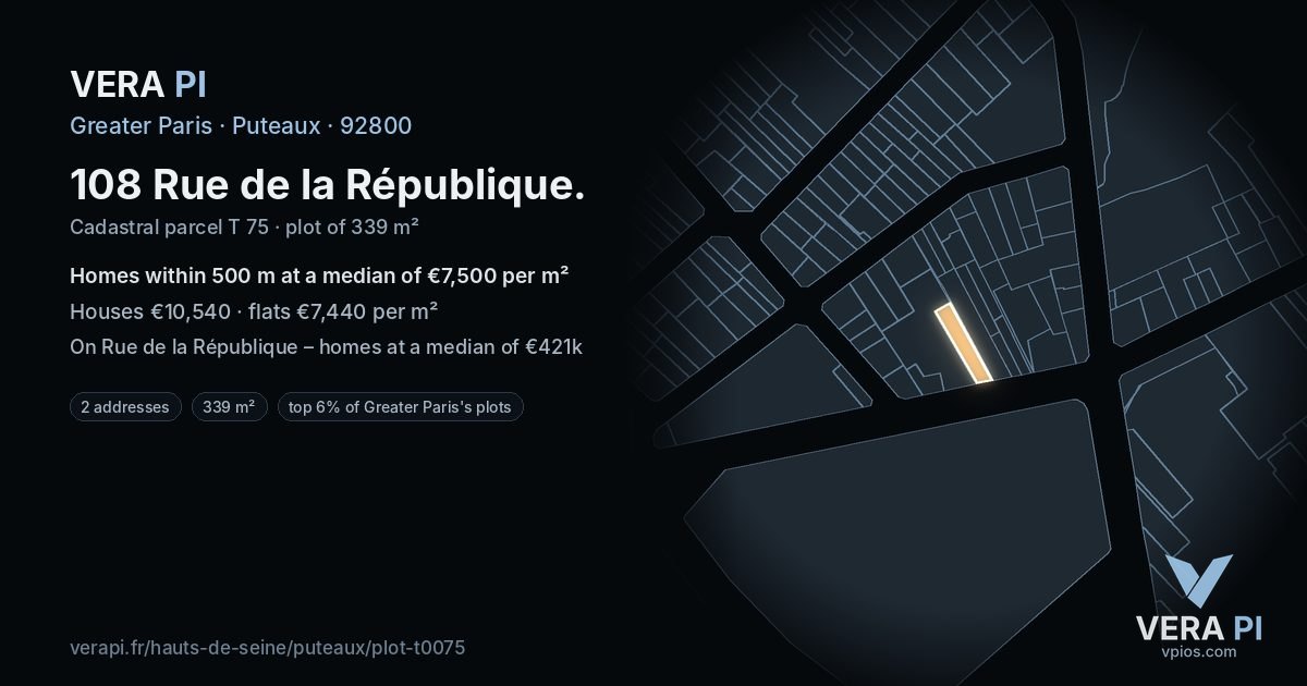 108 Rue de la République, Puteaux at night – the plot lit, the parcels around coloured by the prices near them