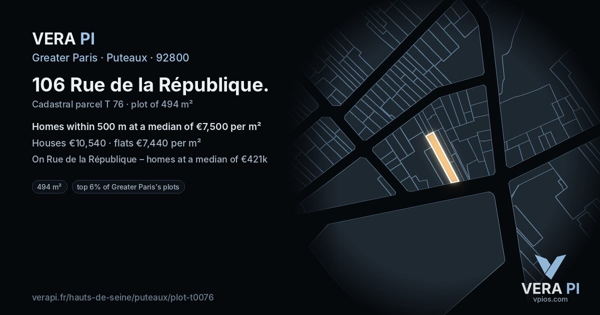 106 Rue de la République, Puteaux at night – the plot lit, the parcels around coloured by the prices near them
