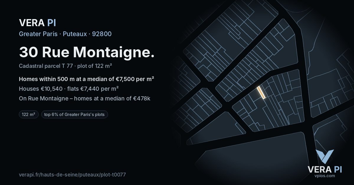30 Rue Montaigne, Puteaux at night – the plot lit, the parcels around coloured by the prices near them