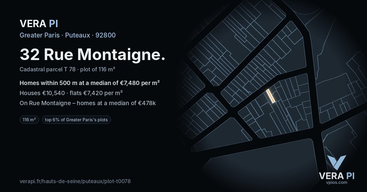 32 Rue Montaigne, Puteaux at night – the plot lit, the parcels around coloured by the prices near them