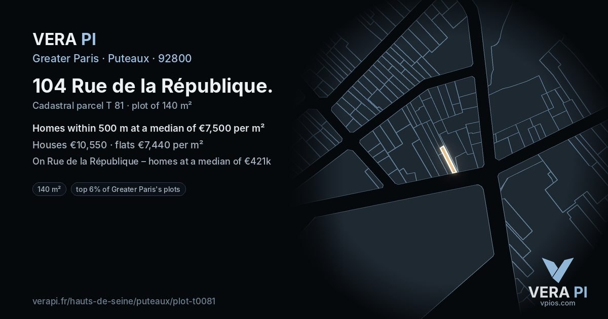 104 Rue de la République, Puteaux at night – the plot lit, the parcels around coloured by the prices near them