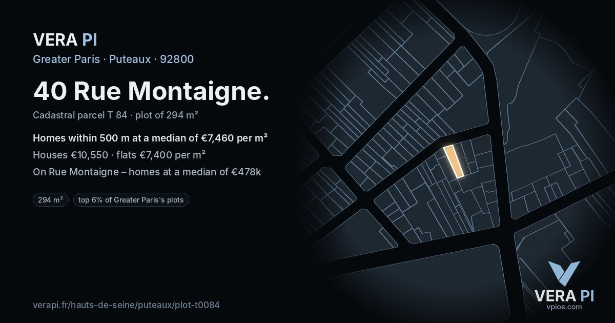 40 Rue Montaigne, Puteaux at night – the plot lit, the parcels around coloured by the prices near them