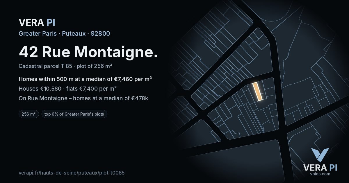42 Rue Montaigne, Puteaux at night – the plot lit, the parcels around coloured by the prices near them