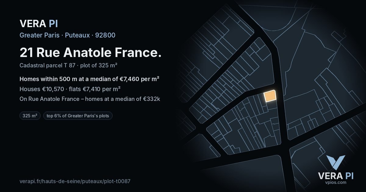 21 Rue Anatole France, Puteaux at night – the plot lit, the parcels around coloured by the prices near them