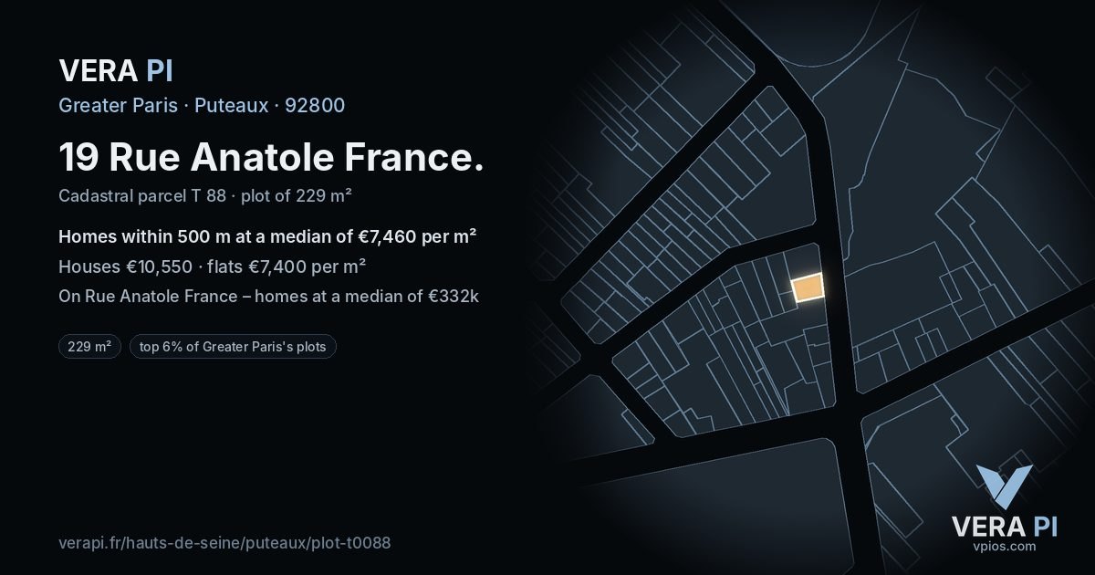 19 Rue Anatole France, Puteaux at night – the plot lit, the parcels around coloured by the prices near them