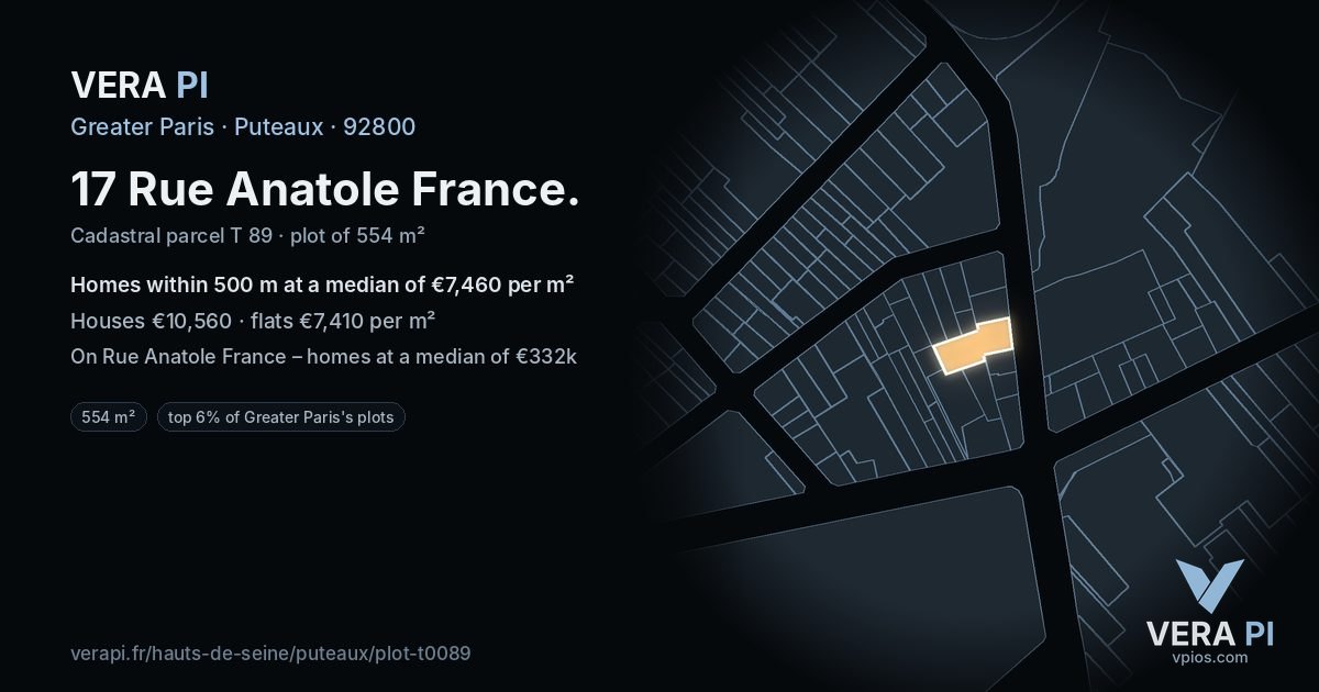 17 Rue Anatole France, Puteaux at night – the plot lit, the parcels around coloured by the prices near them