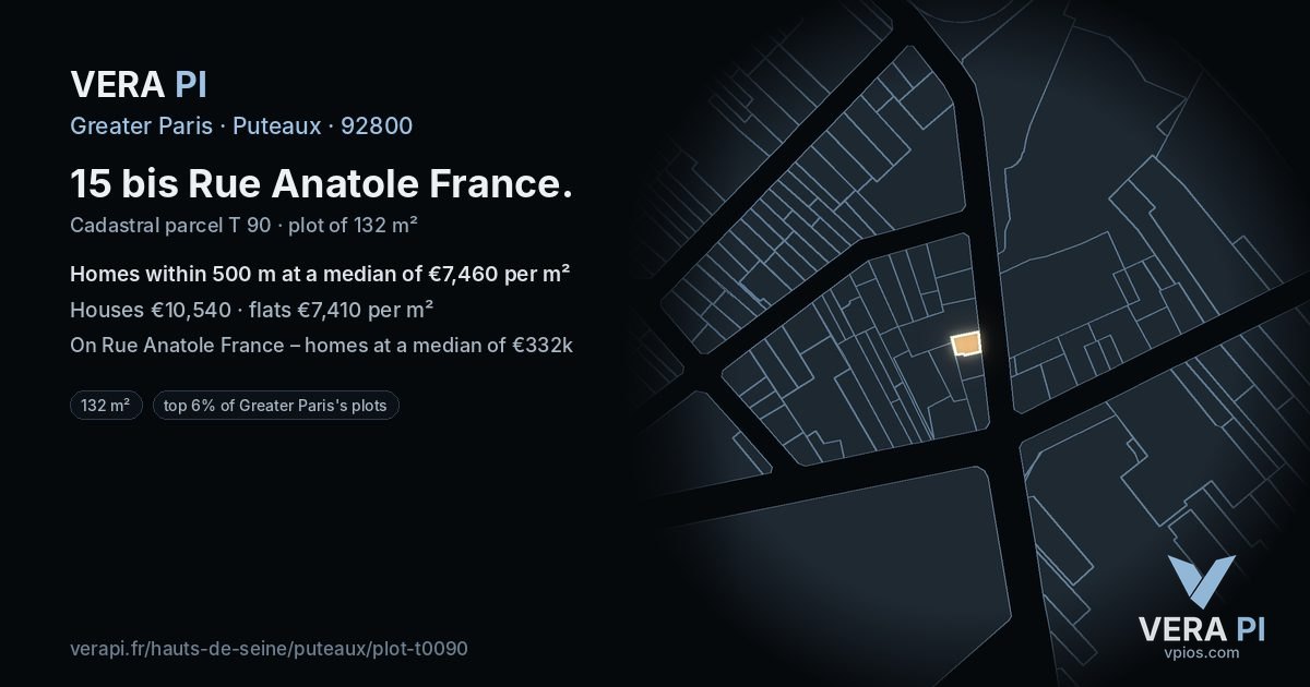 15 bis Rue Anatole France, Puteaux at night – the plot lit, the parcels around coloured by the prices near them