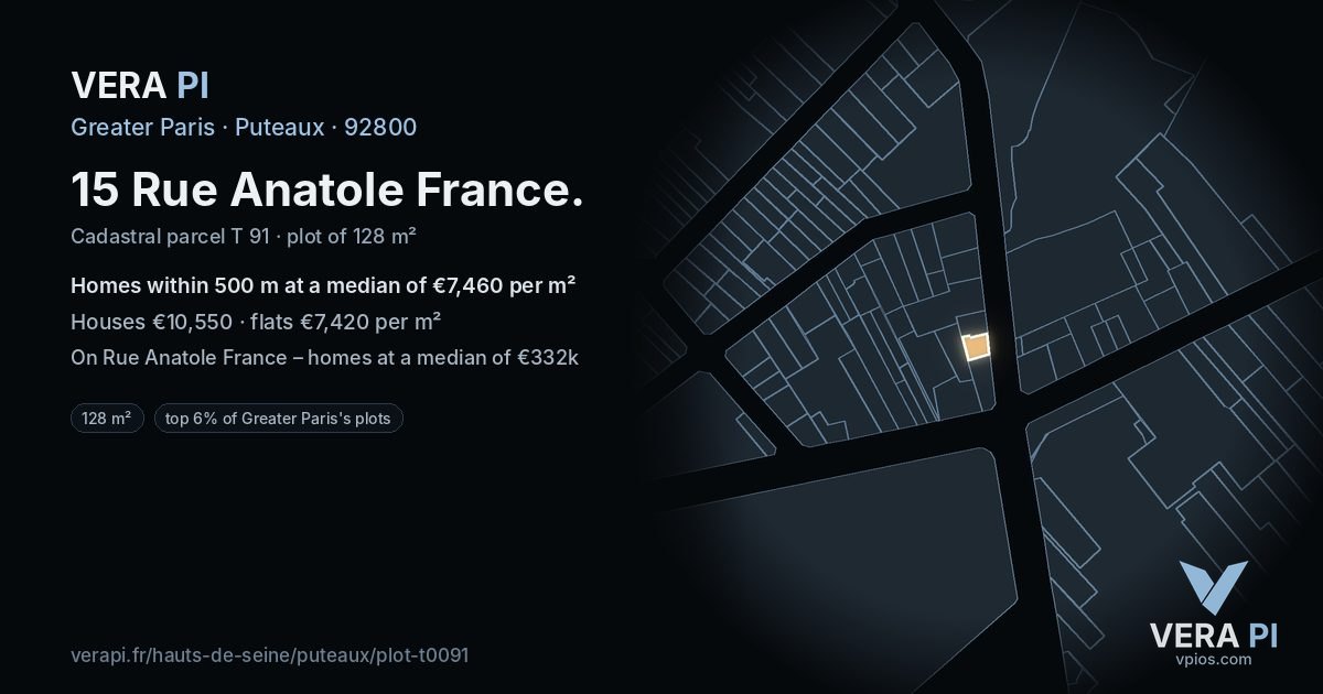 15 Rue Anatole France, Puteaux at night – the plot lit, the parcels around coloured by the prices near them