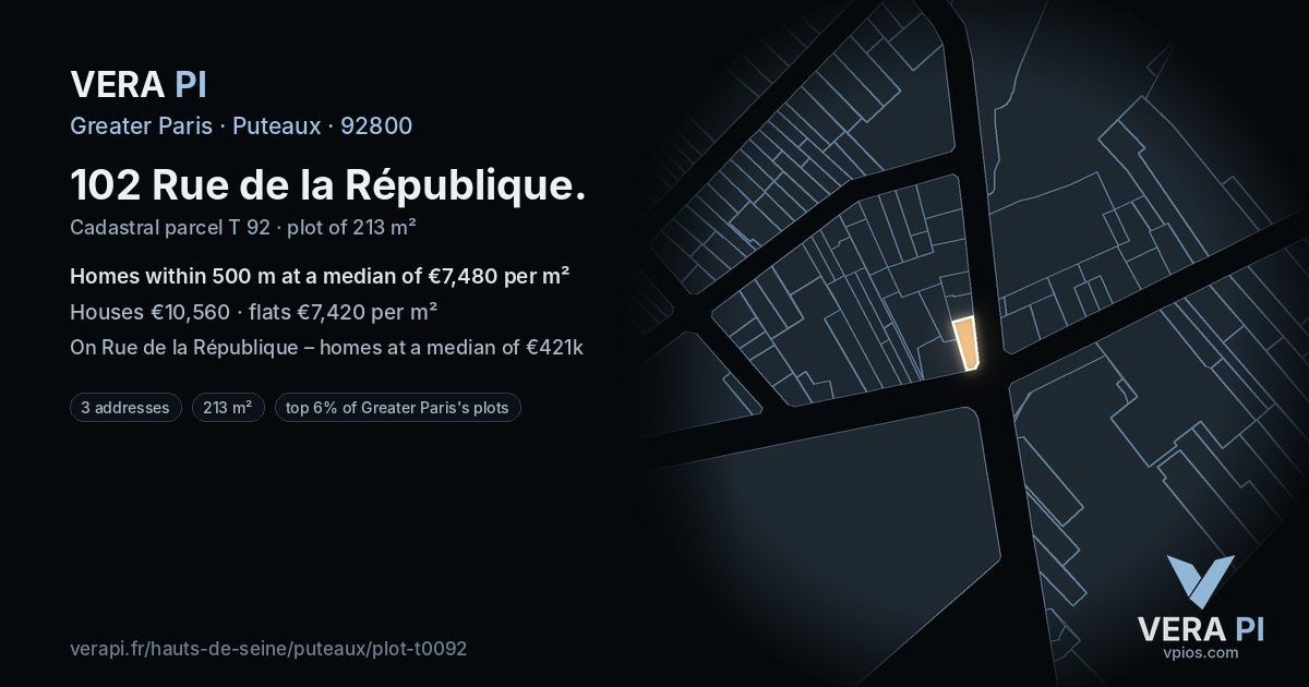 102 Rue de la République, Puteaux at night – the plot lit, the parcels around coloured by the prices near them